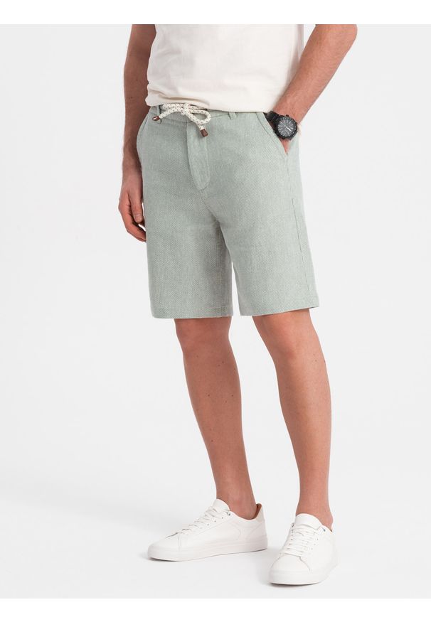 Ombre Clothing - Spodenki męskie szorty dzianinowe z lnu i bawełny - jasnozielone V2 - Rozmiar: M. Okazja: na imprezę. Kolor: zielony. Materiał: dzianina, bawełna, len. Sezon: lato. Styl: wakacyjny, klasyczny