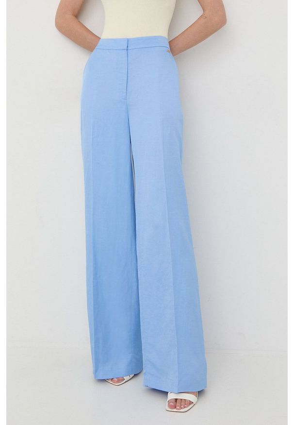 Marciano Guess spodnie z domieszką lnu damskie kolor fioletowy szerokie high waist. Stan: podwyższony. Kolor: fioletowy. Materiał: len