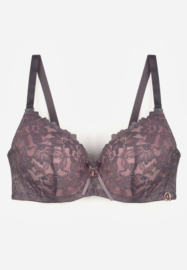Renee - Szaro-Różowy Biustonosz Ozdobiony Koronką i Kokardką Aqiany. Kolor: szary. Materiał: koronka. Wzór: aplikacja, koronka