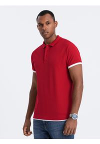 Ombre Clothing - Bawełniana koszulka męska polo z kontrastowymi wykończeniami – czerwona V2. Typ kołnierza: polo. Kolor: czerwony. Materiał: bawełna. Wzór: haft