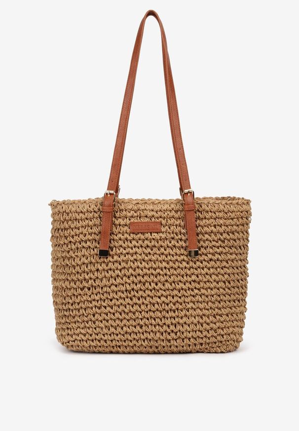 Born2be - Ciemnobeżowa Torebka Shopper z Plecionki z Rączkami z Ekoskóry Buxara. Kolor: beżowy. Styl: elegancki, casual