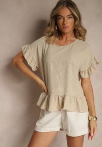 Renee - Beżowa Bluzka Oversize Ozdobiona Falbanami Liriele. Okazja: na co dzień. Kolor: beżowy. Materiał: jeans. Wzór: aplikacja. Styl: casual
