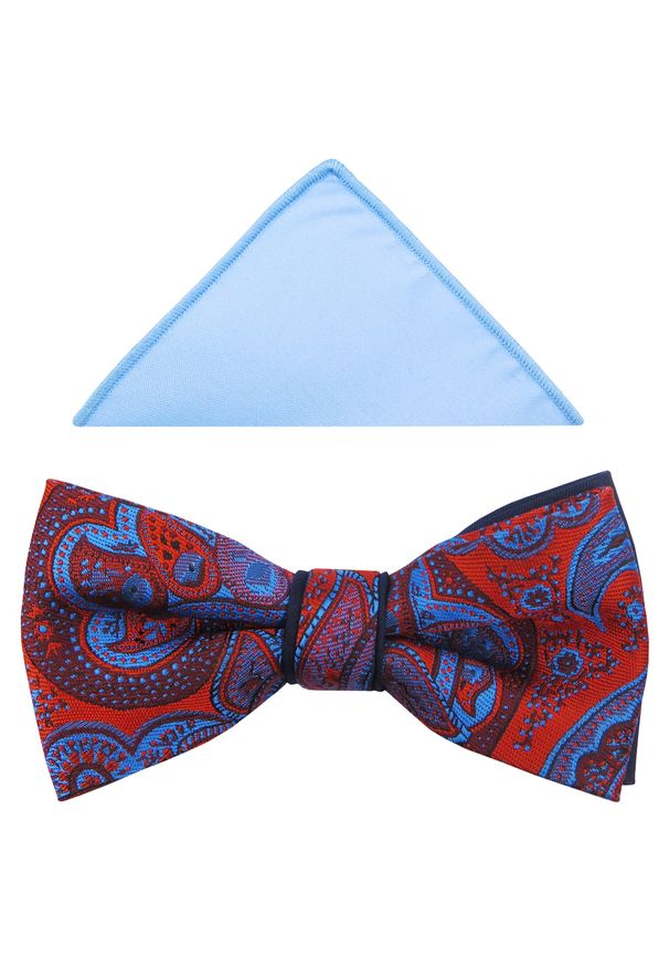 Modini - Czerwona mucha męska z niebieskim ornamentem A220. Kolor: wielokolorowy, czerwony, niebieski. Materiał: poliester, tkanina. Styl: elegancki