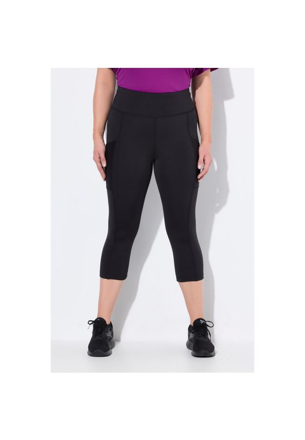 ULLA POPKEN - Damskie Legginsy 3/4 długość do łydek wysoki stan szybkoschnący materiał. Stan: podwyższony. Kolekcja: plus size. Kolor: czarny. Materiał: elastan, poliester, materiał. Długość: do łydek