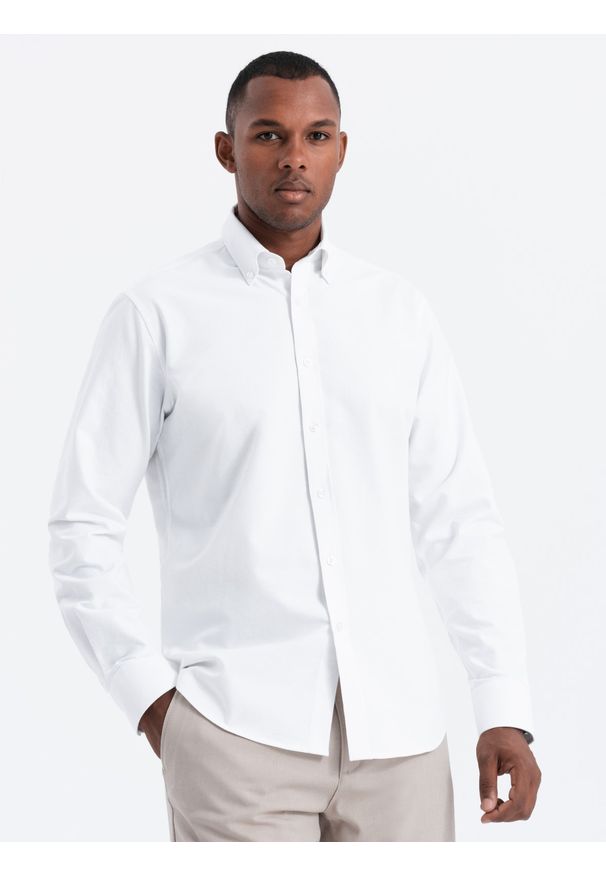 Ombre Clothing - Klasyczna bawełniana koszula męska typu Oxford REGULAR – biała V1 - Rozmiar: XL. Okazja: do pracy, na uczelnię. Typ kołnierza: button down. Kolor: biały. Materiał: bawełna. Styl: klasyczny