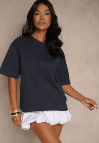 Renee - Granatowy Basicowy T-shirt z Bawełny Meranissea. Kolor: niebieski. Materiał: bawełna #3