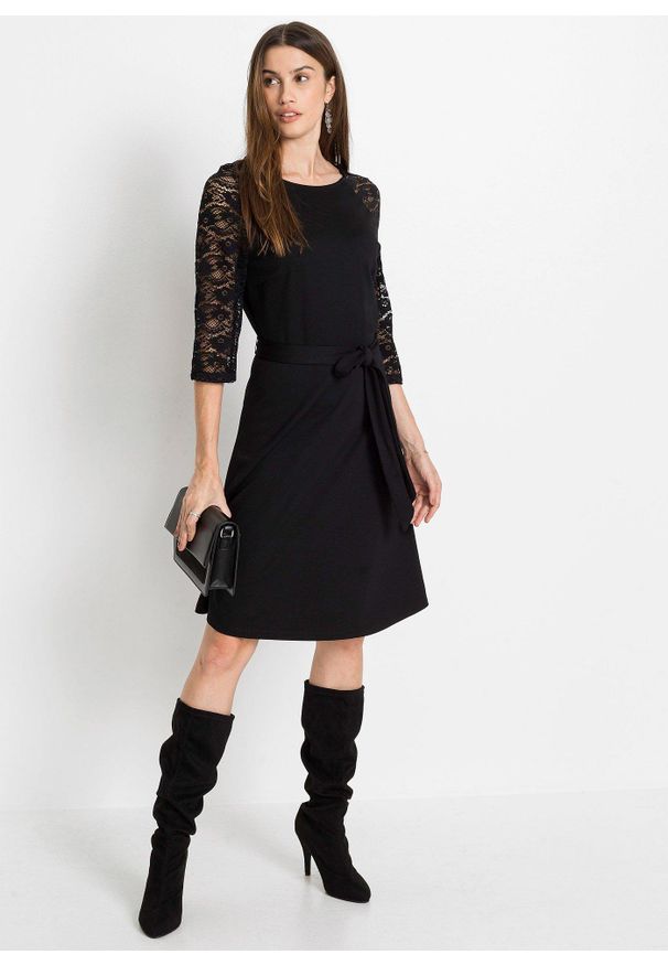 bonprix - Sukienka z dżerseju. Kolor: czarny. Materiał: jersey, koronka