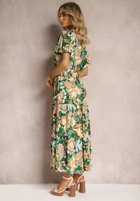 Renee - Zielona Bawełniana Sukienka Letnia Ozdobiona Kolorowym Wzorem Boho z Gumką w Pasie Pythia. Kolor: zielony. Materiał: bawełna. Wzór: aplikacja, kolorowy. Sezon: lato. Styl: boho #4