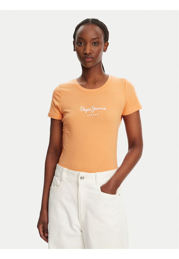 Pepe Jeans T-Shirt New Virginia PL505202 Pomarańczowy Slim Fit. Kolor: pomarańczowy. Materiał: bawełna