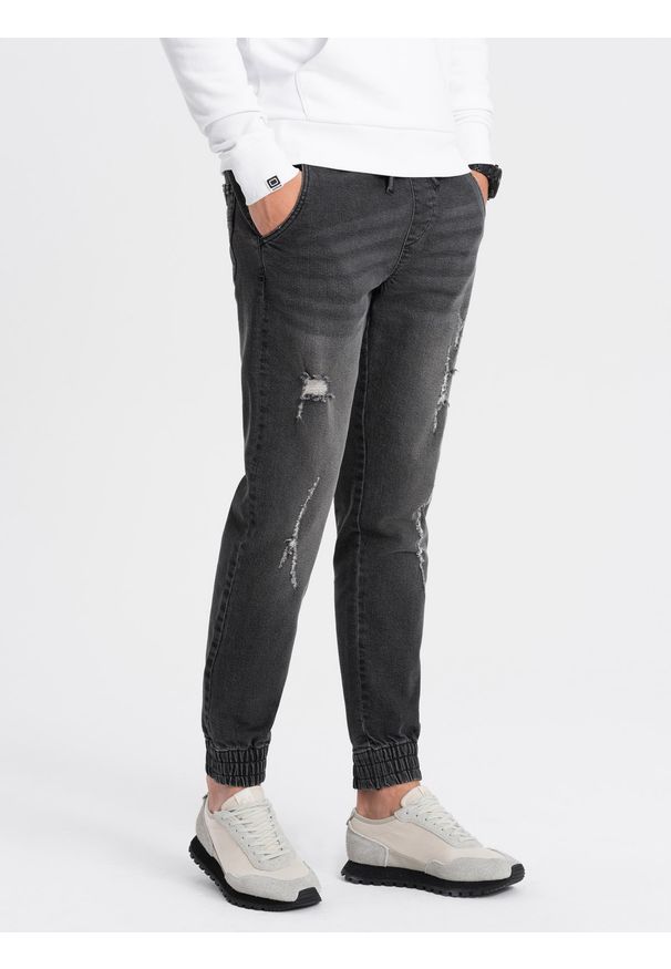 Ombre Clothing - Męskie spodnie jeansowe JOGGERY z przetarciami - czarne V2 OM-PADJ-0150 - XL. Kolor: czarny. Materiał: jeans