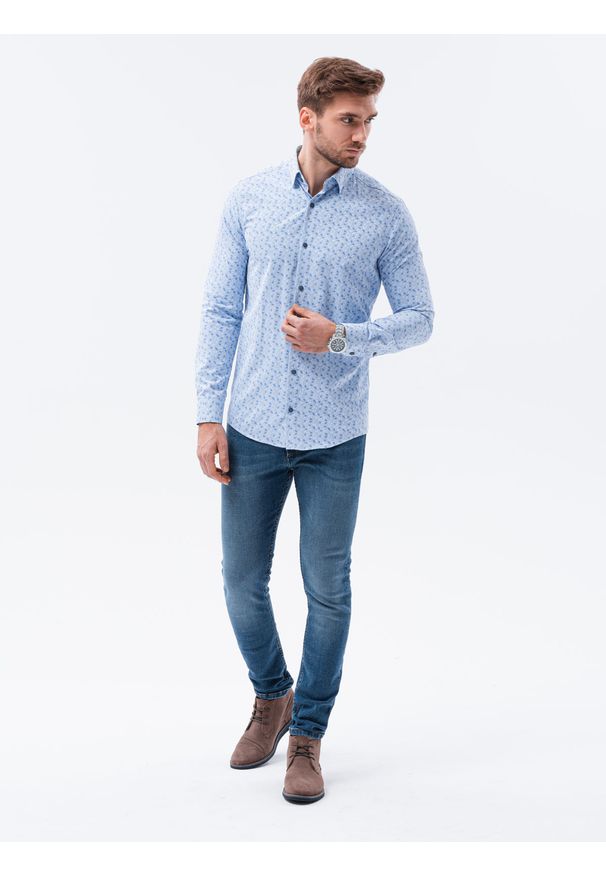 Ombre Clothing - Koszula męska elegancka z długim rękawem K589 - błękitna - XXL. Kolor: niebieski. Materiał: bawełna, poliester. Długość rękawa: długi rękaw. Długość: długie. Styl: elegancki