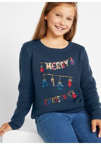 Sweter dziewczęcy z bożonarodzeniowym motywem z cekinami bonprix ciemnoniebieski. Kolor: niebieski. Materiał: materiał, akryl. Wzór: aplikacja #2