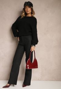 Renee - Czarne Spodnie z Ekoskóry High Waist z Szerokimi Nogawkami Leanwin. Okazja: na co dzień. Stan: podwyższony. Kolor: czarny. Wzór: aplikacja, kolorowy. Styl: elegancki, casual #4