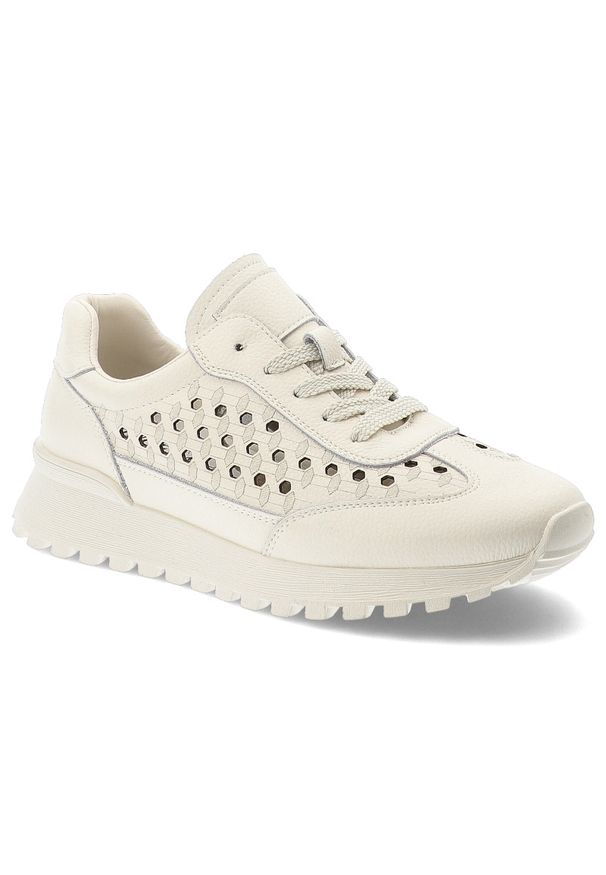 Sneakersy damskie Vinceza, cholewka ze skóry naturalnej z klasycznym sznurowaniem i ażurowymi wstawkami po bokach osadzone na lekkiej podeszwie z bie. Okazja: na co dzień. Zapięcie: sznurówki. Kolor: biały. Materiał: skóra. Szerokość cholewki: normalna. Wzór: ażurowy