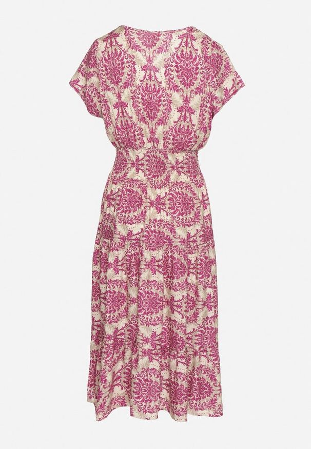 Born2be - Różowa Bawełniana Sukienka o Rozkloszowanym Kroju z Gumką w Pasie Desilona. Okazja: na co dzień. Typ kołnierza: dekolt w kształcie V. Kolor: różowy. Materiał: bawełna. Długość rękawa: krótki rękaw. Styl: casual, elegancki