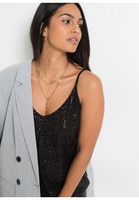 bonprix - Top na wąskich ramiączkach, z cekinami, z miękkiego materiału z wiskozą. Kolor: czarny. Materiał: jersey, materiał, wiskoza. Długość rękawa: na ramiączkach #2