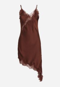 Born2be - Brązowa Asymetryczna Sukienka z Satyny Ozdobiona Koronką Monivea. Okazja: na co dzień. Kolor: brązowy. Materiał: satyna, koronka. Długość rękawa: na ramiączkach. Wzór: aplikacja, koronka. Typ sukienki: asymetryczne. Styl: casual, klasyczny #4