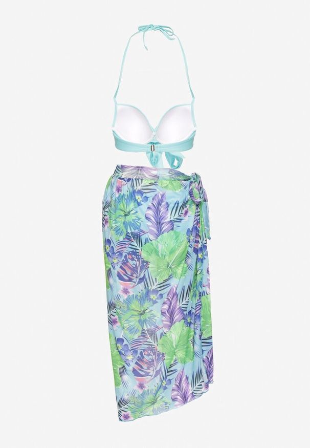 Born2be - Jasnoniebieskie Bikini Wiązany Biustonosz Majtki Typu Figi Pareo w Kwiaty Folava. Kolor: niebieski. Wzór: kwiaty