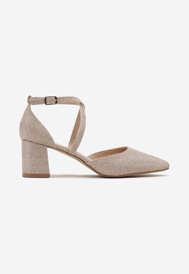 Born2be - Złote Czółenka z Broktem na Niskim Słupku Silvetha. Kolor: złoty. Obcas: na słupku. Styl: elegancki, glamour
