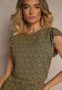 Renee - Czarno-Żółty Komplet z Bawełny Zdobiony Etnicznym Printem T-shirt i Szorty Sarilena. Kolor: żółty. Materiał: bawełna. Wzór: aplikacja, nadruk #3