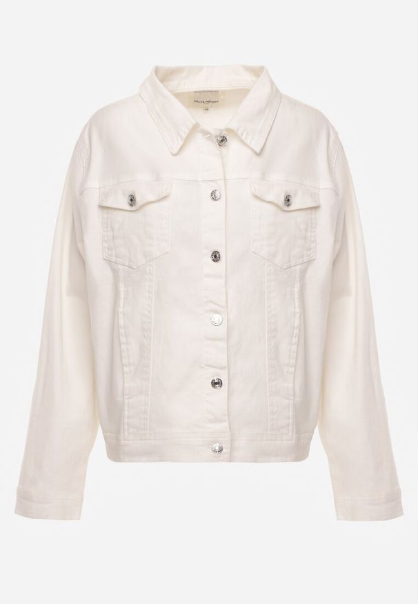 Renee - Biała Jeansowa Kurtka z Bawełny Perilopei. Okazja: na co dzień. Kolekcja: plus size. Kolor: biały. Materiał: bawełna, jeans. Styl: casual