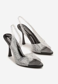 Renee - Czarne Przezroczyste Sandały na Szpilce Slingback Ozdobione Cyrkoniami Fodaria. Kolor: czarny. Wzór: aplikacja. Sezon: lato. Obcas: na szpilce. Styl: klasyczny. Wysokość obcasa: średni #5