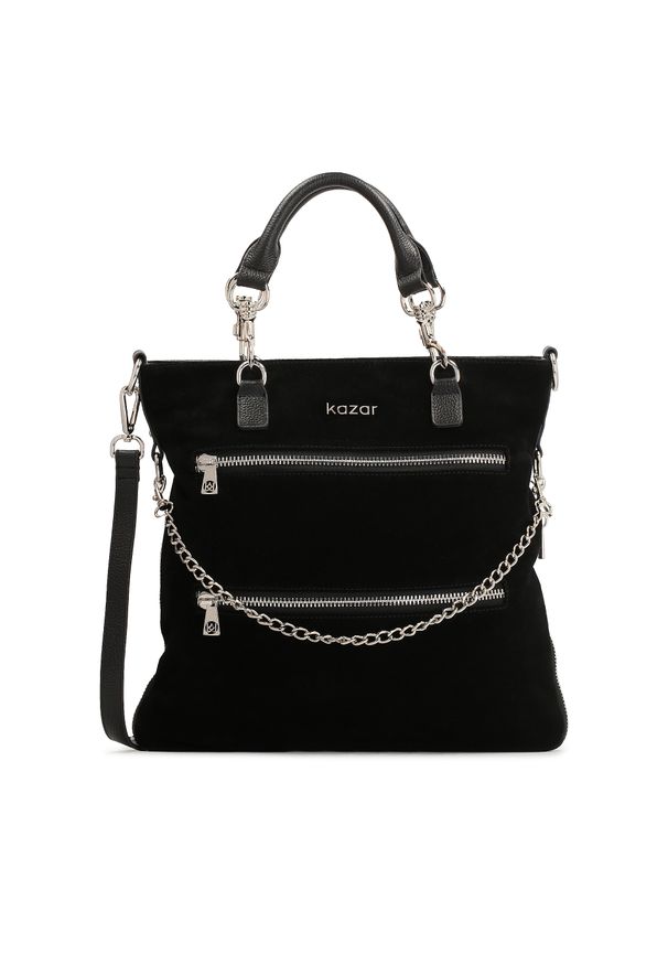 Kazar - Duża skórzana torebka z odpinanymi rączkami i paskiem. Kolor: czarny. Materiał: zamszowe, skórzane. Rozmiar: duże