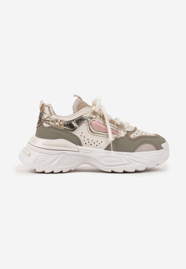 Born2be - Beżowo-Zielone Sneakersy na Podeszwie z Tłoczeniami w Streetwearowym Stylu Vaniffia. Okazja: na co dzień. Kolor: beżowy. Materiał: jeans. Wzór: aplikacja