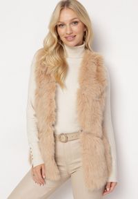 Born2be - Beżowa Kamizelka Futrzana z Wstawkami z Ekoskóry Batliewa. Kolor: beżowy. Materiał: futro. Wzór: aplikacja #1