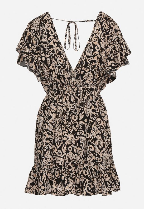 Born2be - Czarno-Beżowa Rozkloszowana Bawełniana Sukienka z Gumką w Talii i Falbanami Nelsea. Okazja: na randkę, na co dzień. Typ kołnierza: dekolt w kształcie V. Kolor: czarny. Materiał: bawełna. Długość rękawa: krótki rękaw. Typ sukienki: rozkloszowane. Styl: wizytowy, casual