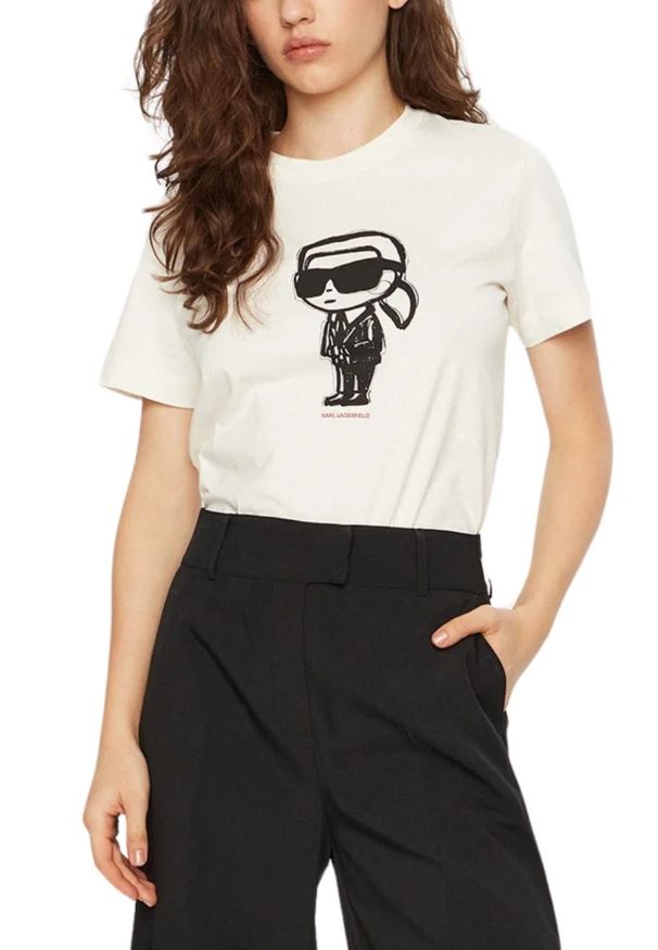 Karl Lagerfeld - KARL LAGERFELD Beżowy damski t-shirt Ikon Sketch Karl, Rozmiar XS. Kolor: beżowy. Materiał: materiał
