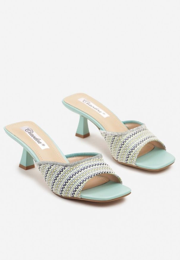 Renee - Niebieskie Eleganckie Klapki na Obcasie Kaczuszka z Plecionym Paskiem Annalora. Okazja: na co dzień, na spacer. Kolor: niebieski. Sezon: lato. Obcas: na obcasie. Styl: elegancki. Wysokość obcasa: niski