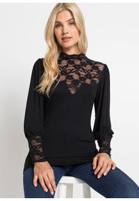 bonprix - Bluzka z długim rękawem z mieszanki wiskozy. Kolor: czarny. Materiał: wiskoza, koronka. Długość rękawa: długi rękaw. Długość: długie. Wzór: koronka #1