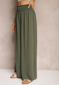 Renee - Ciemnozielone Spodnie High Waist z Szerokimi Nogawkami i Gumką w Pasie Risabessa. Okazja: na co dzień. Stan: podwyższony. Kolor: zielony. Styl: elegancki, casual #3