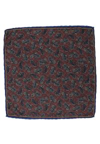 Bordowa Męska Poszetka -EM Men's Accessories- Paisley, Łezki, z Granatową Lamówką. Kolor: niebieski. Materiał: mikrofibra. Wzór: paisley