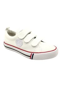 Trampki buty dziecięce na rzepy American Club LH63/22 White białe. Okazja: na uczelnię. Nosek buta: okrągły. Zapięcie: rzepy. Kolor: biały. Materiał: guma, materiał, bawełna. Wzór: aplikacja