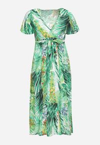 Born2be - Biało-Zielona Sukienka z Wiskozy z Kopertowym Dekoltem i Gumką w Pasie Julemia. Okazja: na spotkanie biznesowe. Kolor: biały. Materiał: wiskoza. Sezon: lato. Typ sukienki: kopertowe. Styl: elegancki, biznesowy #2