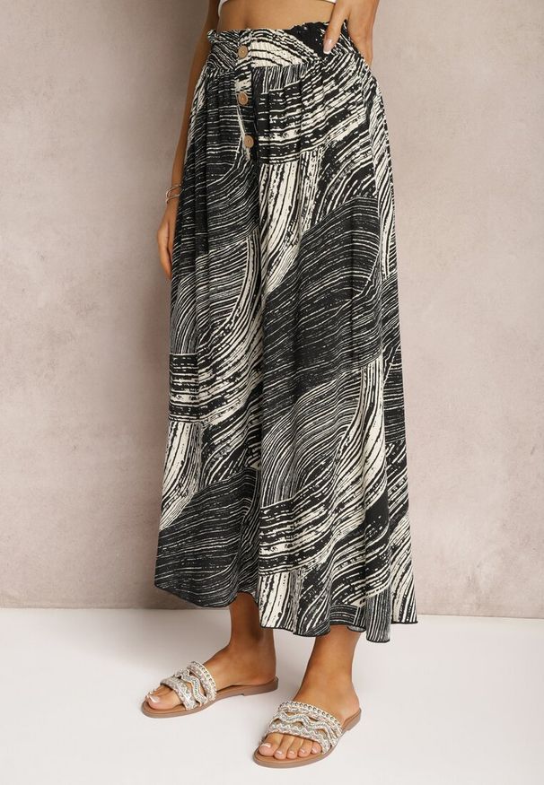 Renee - Czarno-Białe Szerokie Spodnie 7/8 High Waist z Wiskozy Wykończone Gumką w Pasie Risallni. Stan: podwyższony. Kolor: czarny. Materiał: wiskoza. Sezon: lato