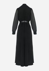 Born2be - Czarna Rozkloszowana Sukienka Maxi z Plisowanym Dołem i Paskiem Brofilla. Okazja: na co dzień. Kolor: czarny. Materiał: poliester, materiał, koronka. Wzór: aplikacja, koronka. Styl: casual, klasyczny. Długość: maxi #2