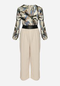Born2be - Beżowy Kombinezon z Kopertową Górą i Szerokimi Spodniami oraz Paskiem Elavina. Kolor: beżowy #2