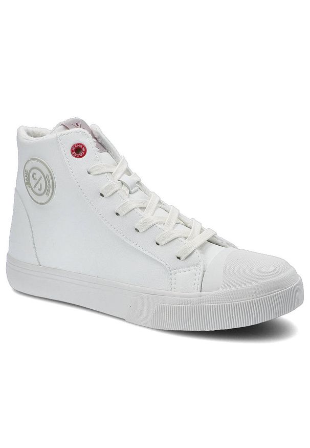 Białe Sneakersy Damskie Cross Jeans Modne Obuwie. Okazja: na co dzień. Wysokość cholewki: przed kolano. Zapięcie: sznurówki. Kolor: biały. Materiał: guma, materiał. Szerokość cholewki: normalna. Wzór: gładki