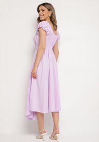 Born2be - Fioletowa Sukienka z Bawełną Typu Hiszpanka z Ozdobnymi Bufkami Lunaleia. Okazja: na co dzień. Typ kołnierza: dekolt hiszpanka. Kolor: fioletowy. Materiał: bawełna. Styl: klasyczny, casual, elegancki #5