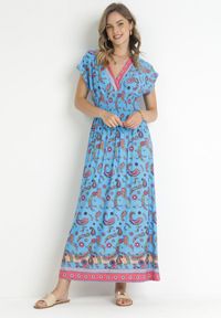 Born2be - Niebieska Kopertowa Sukienka Maxi z Gumką w Pasie we Wzór Paisley Anitte. Kolor: niebieski. Wzór: paisley. Sezon: wiosna, lato. Typ sukienki: kopertowe. Długość: maxi #1