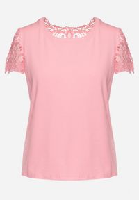 Born2be - Różowa Bluzka z Ażurową Koronką i Cekinami Anaseie. Kolor: różowy. Materiał: koronka. Wzór: ażurowy, koronka #2