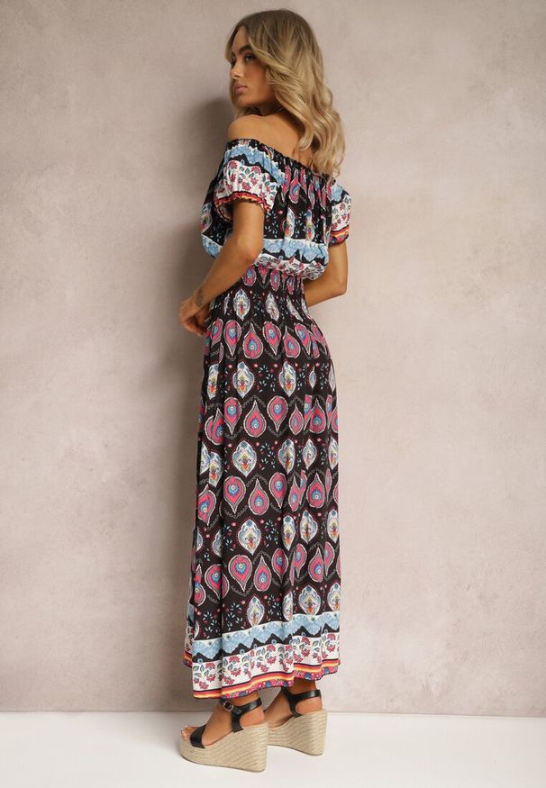 Renee - Czarno-Różowa Sukienka na Lato z Bawełny z Modelującą Gumką w Talii Deorna. Kolor: czarny. Materiał: bawełna. Sezon: lato