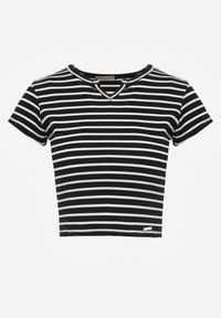 Renee - Czarny Crop Top Bawełny z Prążkowanej Dzianiny w Paski Ozdobiony Wycięciem Ionilla. Okazja: na co dzień. Kolor: czarny. Materiał: bawełna, prążkowany, dzianina. Wzór: aplikacja, paski. Styl: casual #4