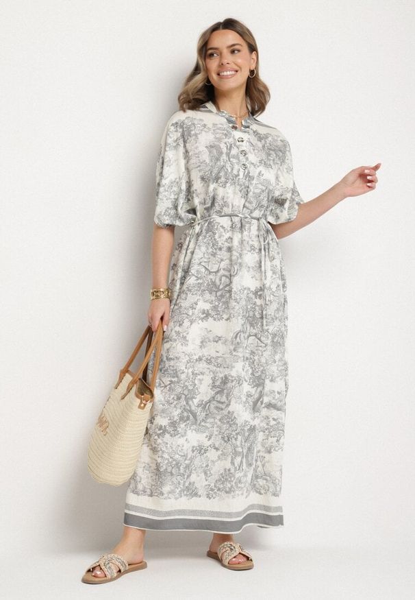 Born2be - Szara Sukienka Typu Oversize z Wiskozą w Abstrakcyjny Wzór Lunalessa. Okazja: na co dzień. Kolor: szary. Materiał: wiskoza. Typ sukienki: oversize. Styl: casual, elegancki, klasyczny