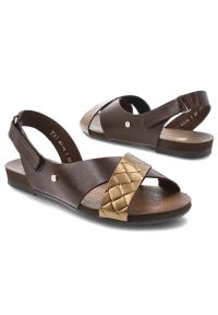 Sandały damskie Armodo, cholewka ze skóry naturalnej z kontrastowym plecionym paskiem o metalicznym wykończeniu, brązowe, 40141. Zapięcie: pasek. Kolor: brązowy. Materiał: skóra #3