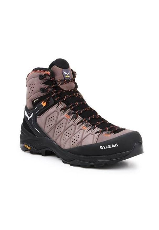 Buty trekkingowe męskie Salewa MS Alp Trainer 2 Mid Gtx. Wysokość cholewki: za kostkę. Zapięcie: sznurówki. Kolor: wielokolorowy, beżowy, czarny. Materiał: guma, zamsz, materiał, syntetyk. Szerokość cholewki: normalna
