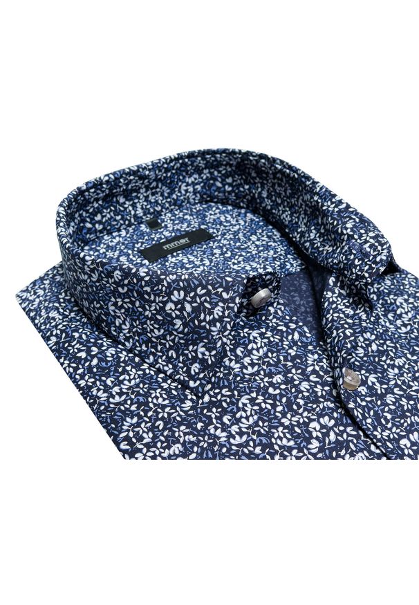 Mmer / Villaro - Koszule męskie - Granatowa koszula w drobne kwiatki Mmer A049. Kolor: niebieski. Materiał: bawełna, elastan, tkanina. Długość: długie. Wzór: kwiaty